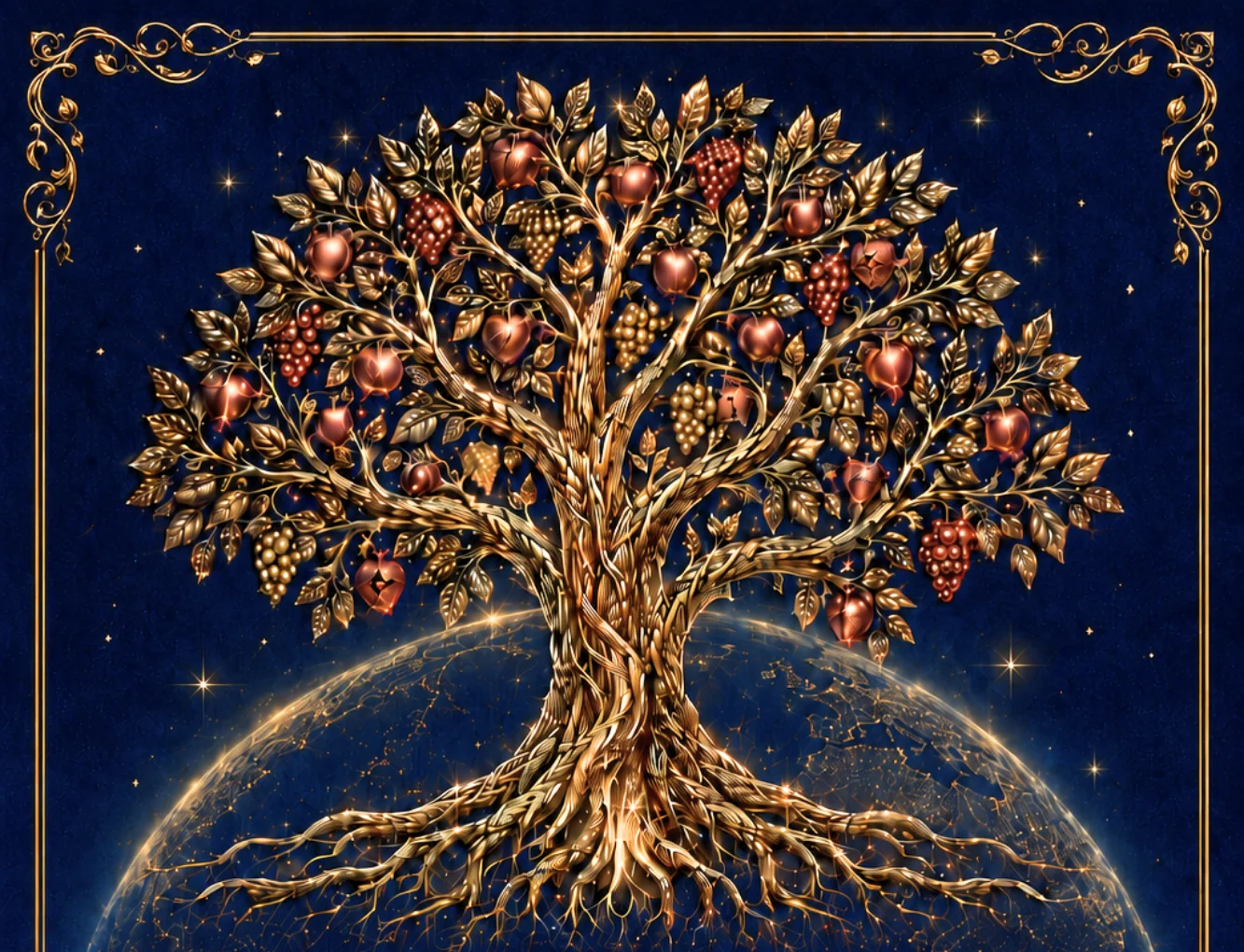 A golden fruit-bearing tree rooted around a blue globe beneath a star-filled sky